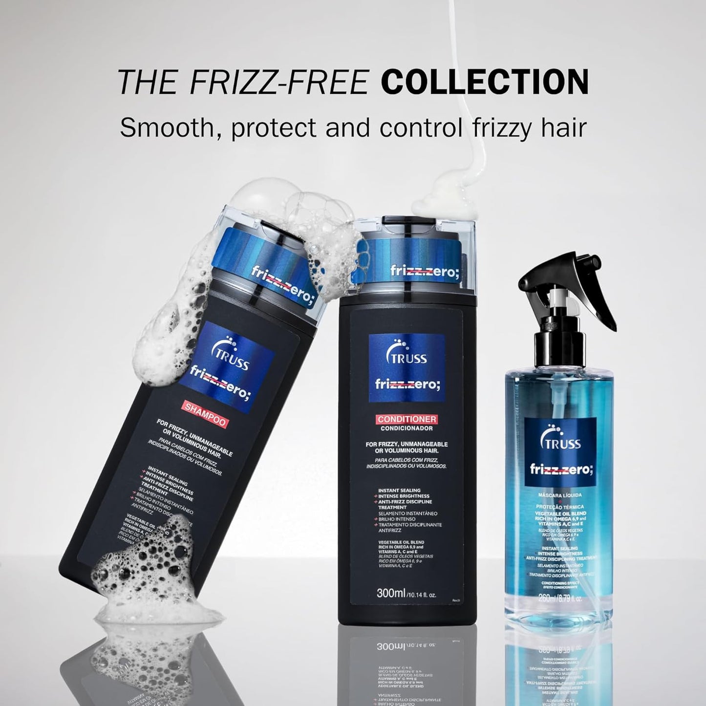 TRUSS Frizz Control Trio - Frizz Zero Liquid Hair Mask, Shampoo & Conditioner - Anti-Humidity Hair Care for Shine, Smoothness & Volume