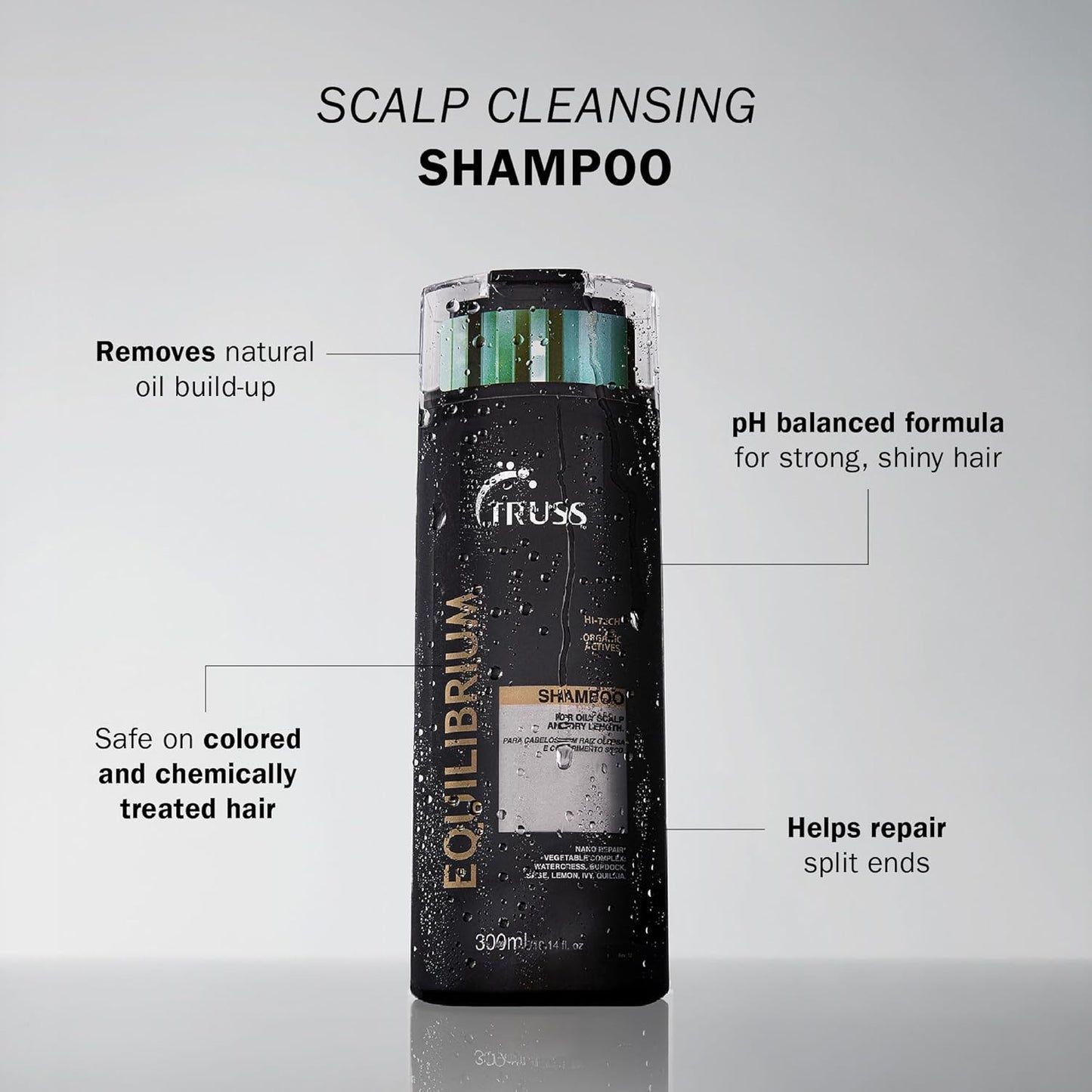 TRUSS Equilibrium Shampoo for Oily Hair - Itchy Scalp Treatment for Color-Treated Hair - Helps Balance Oily Scalp & Dry Ends - Hydrating & Cleansing Formula - Salt & Dye-Free (10.14 oz)