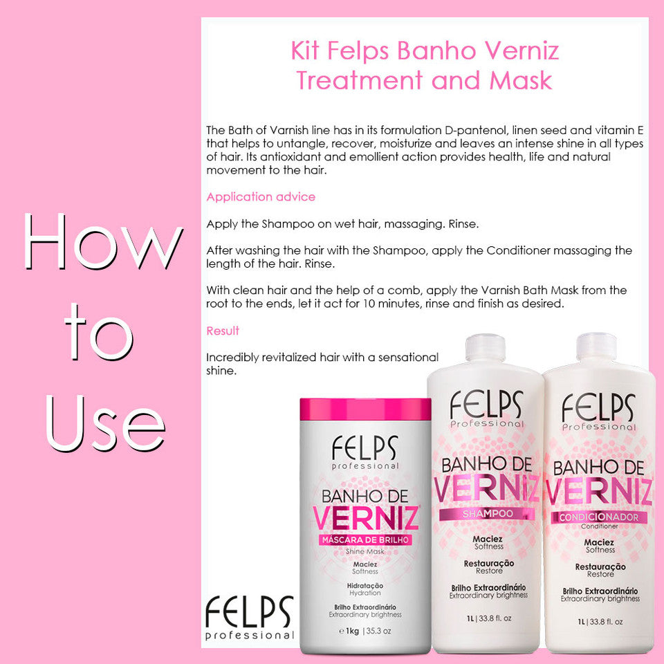 Kit Felps Shampoo Conditioner Mask Varnish Bath Complete Treatment Banho Verniz 3x1L/3x33.8fl.oz