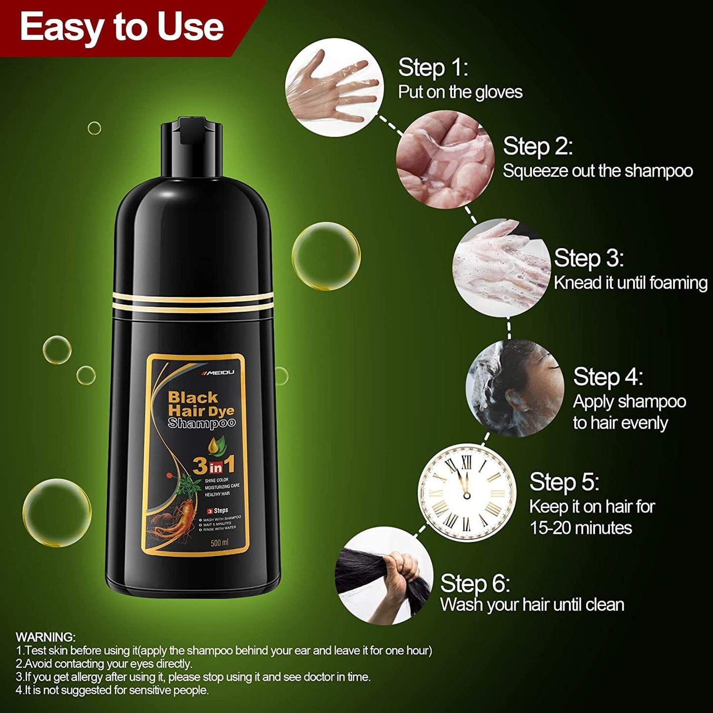 Meidu Instant 3in1 Hair Dye Color Shampoo  500mL each (BLACK)