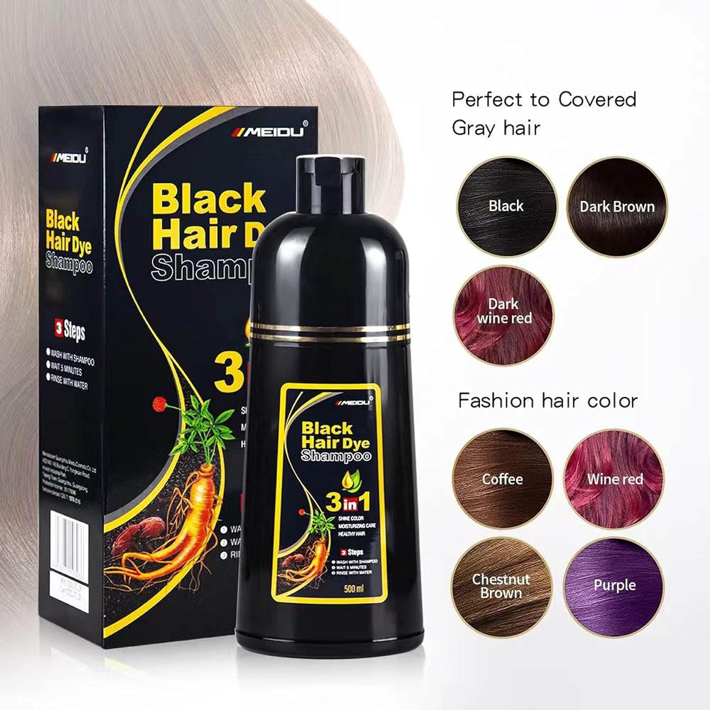 Meidu Instant 3in1 Hair Dye Color Shampoo  500mL each (BLACK)