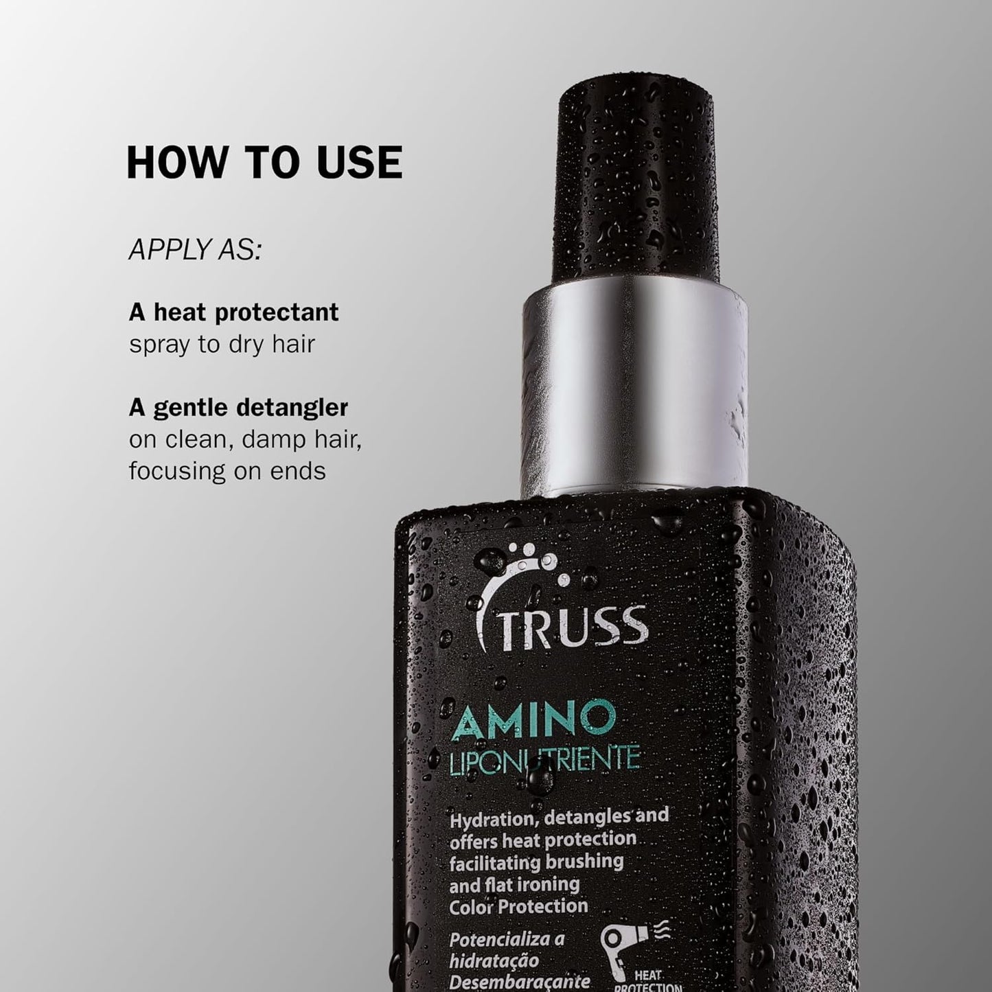 TRUSS Amino Heat Protection Spray for Hair - Anti Frizz Leave In Hair Spray - Infused with Essential Oils to Hydrate & Replenish Amino Acids - Color Safe Heat Protectant & Detangler (7.61 oz)