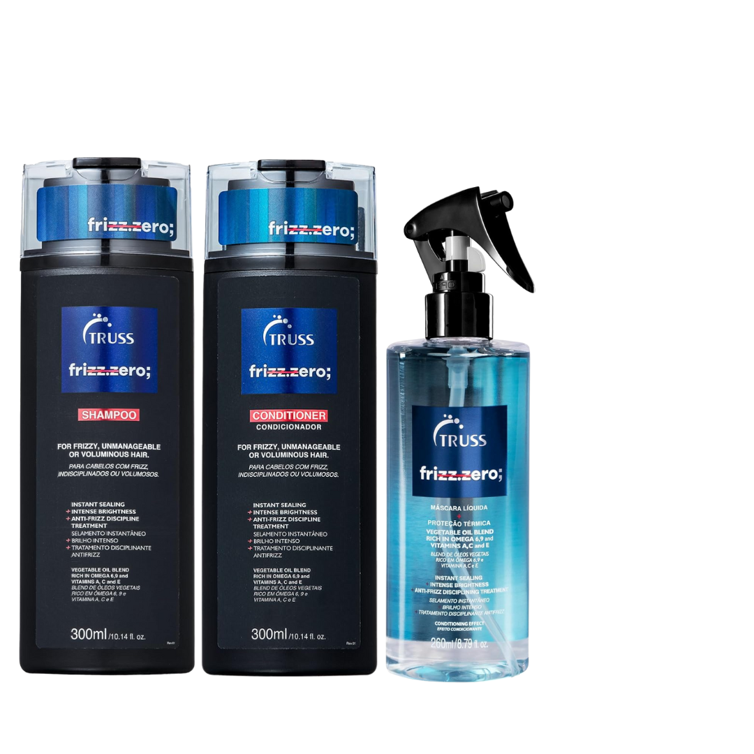 TRUSS Frizz Control Trio - Frizz Zero Liquid Hair Mask, Shampoo & Conditioner - Anti-Humidity Hair Care for Shine, Smoothness & Volume